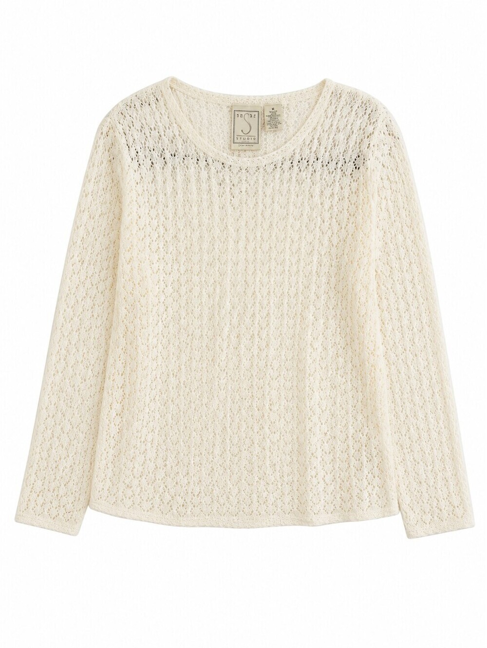 Liz Claiborne Studio Ivory Open Knit Crochet Sweater Women's M Long Sleeve Boho